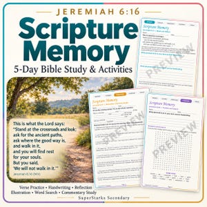 Puede incluir: Un conjunto de estudio bíblico y actividades de 5 días titulado Scripture Memory Jeremiah 6:16. Incluye un paisaje natural con el texto del versículo, junto con hojas de trabajo para caligrafía, reflexión y una sopa de letras.