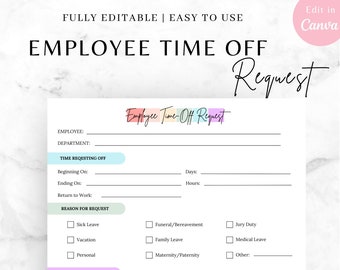 Editable EMPLOYEE TIME OFF, time off request, pto request form, vacation request, pto request form, Vacation leave, Vacation request