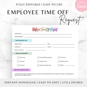 Editable EMPLOYEE TIME OFF, time off request, pto request form, vacation request, pto request form, Vacation leave, Vacation request