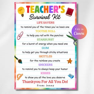Editable TEACHER SURVIVAL Kit Tag, Teacher Appreciation Gift Tag, Teacher Gift Tags, Teacher Thank You Tag, End Of Year Teacher Gift