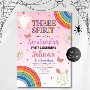 EDITABLE Three Spirit Halloween Ghost 3rd Birthday Invitation, Retro Groovy Rainbow, Ghost Birthday Hippie Halloween Party, INSTANT DOWNLOAD