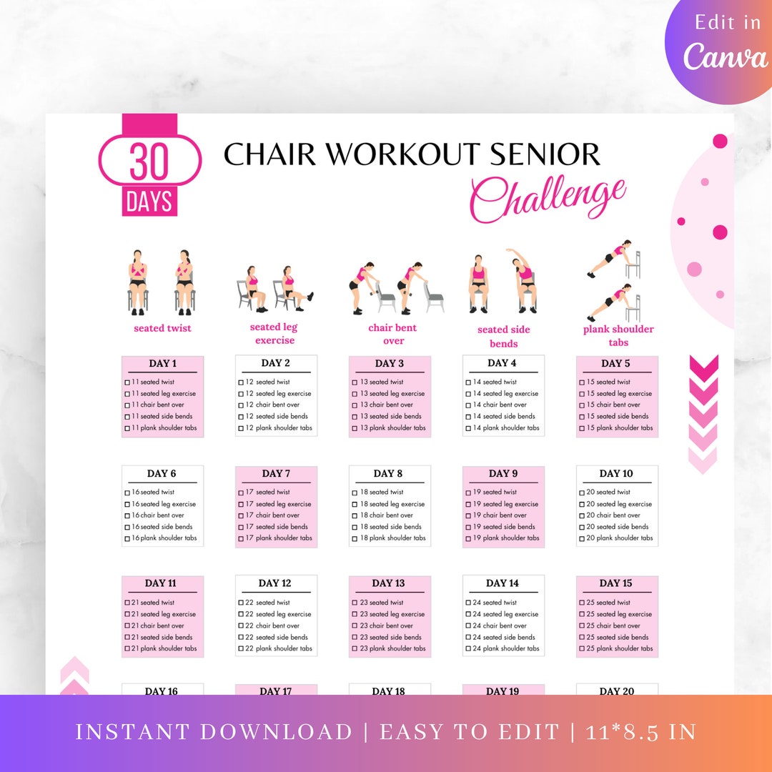 Editable 30 DAYS Chair Workout Seniors Challenge, Chair Workout Seniors ...
