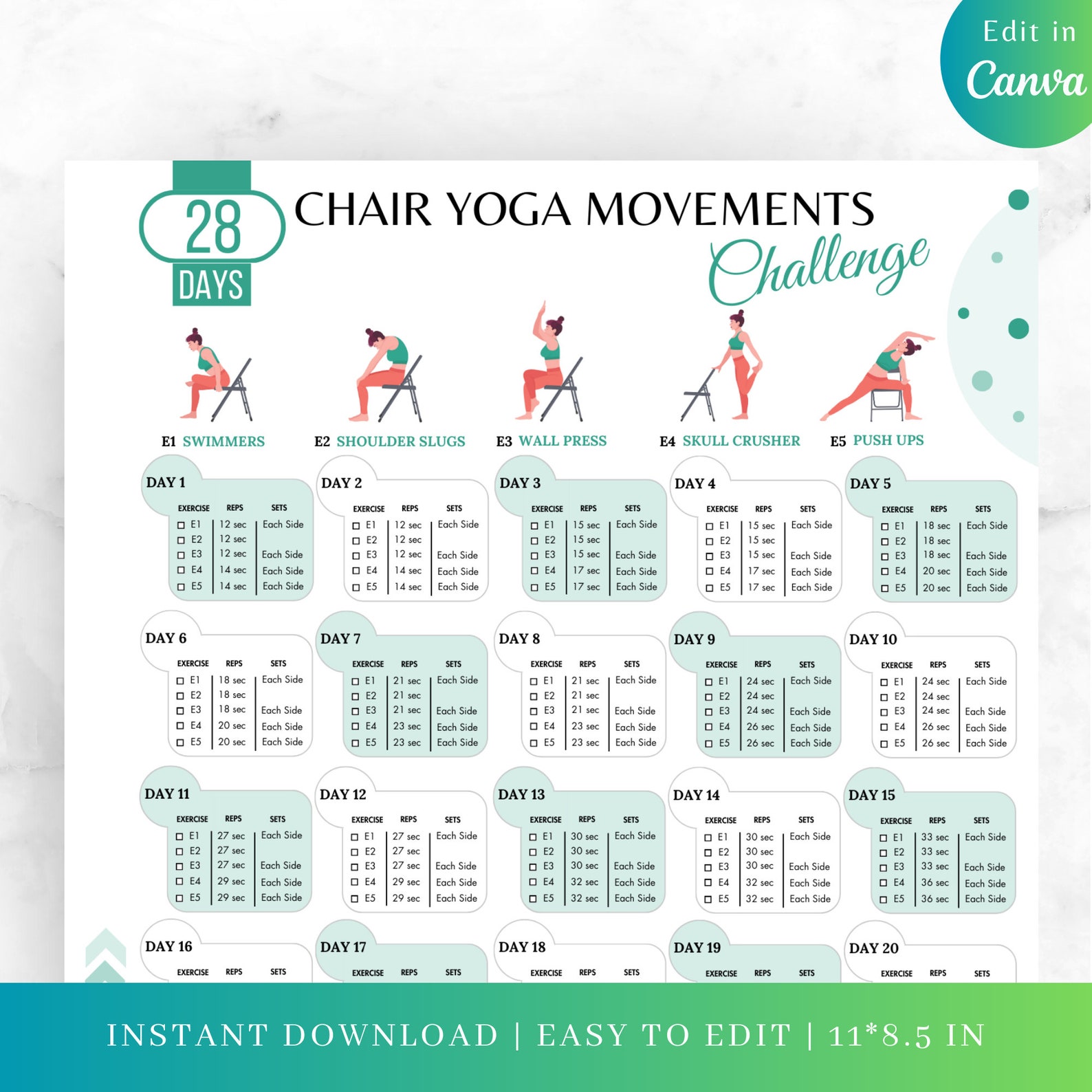 Editable 28 DAYS CHAIR YOGA Challenge, Chair Yoga, Chair Yoga Guide