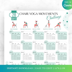 Editable 28 DAYS CHAIR YOGA Challenge, Chair Yoga, Chair Yoga Guide, Yoga Planner, Yoga Poses, Chair Yoga for Women, Digital Fitness Plan