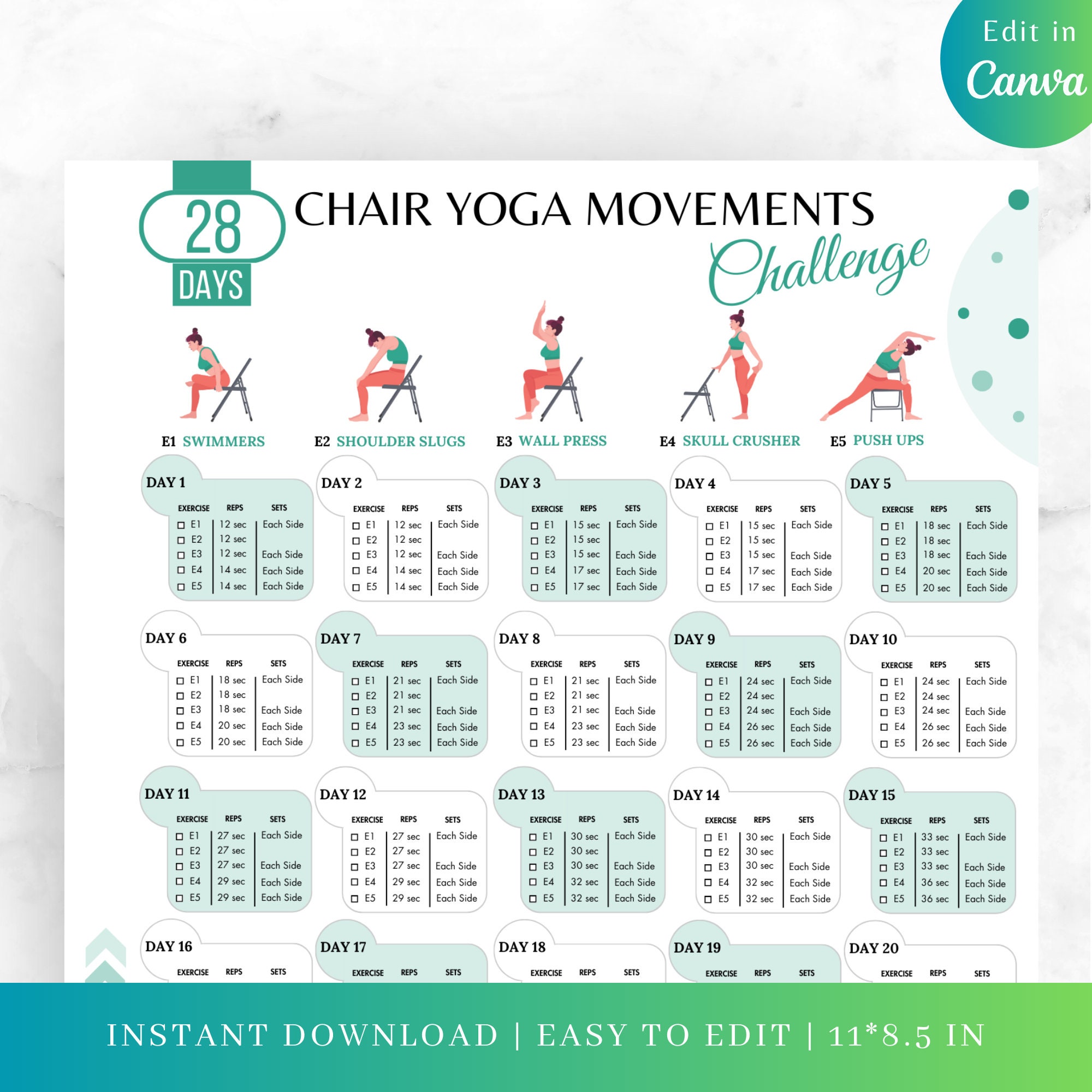Editable 28 DAYS CHAIR YOGA Challenge, Chair Yoga, Chair Yoga