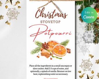 May include: A rectangular Christmas stovetop potpourri tag with text and watercolour illustrations. The tag features the words "Christmas Stovetop Potpourri" and instructions. The illustration includes orange slices, cinnamon, and star anise.