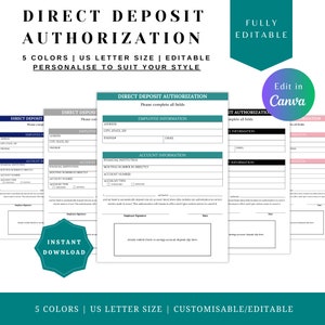 Op de afbeelding: Een afdrukbare sjabloon voor een direct stortingsautorisatieformulier in vijf kleuren. Het formulier bevat secties voor werknemersinformatie, rekeninginformatie en handtekeningen. De tekst "Edit in Canva" is zichtbaar in de rechterbovenhoek van de afbeelding.
