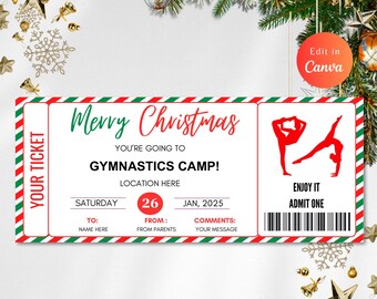 May include: A festive Christmas ticket for a gymnastics camp, featuring a red, green, and white design. The ticket states "Merry Christmas" and "Gymnastics Camp!" with the date of 26th January, 2025. A red gymnast silhouette is shown.