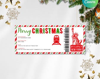 May include: A Christmas-themed boarding pass design with red and green stripes. The ticket features the words "Merry Christmas" and a train illustration. It includes a Statue of Liberty graphic and the text "You're getting to New York!"