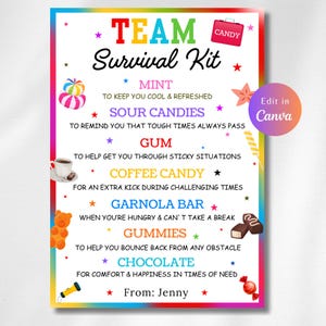 TEAM SURVIVAL KIT Gift Tag, Staff Appreciation Tag, Employee Appreciation, Cheer Welcome to team gift, Coworker gift Candy gift basket ideas