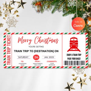 BEWERKBAAR kersttreinkaartje, instapkaartsjabloon verrassingsreis, kerstcadeau, verrassingsreis, kerstcadeau, direct downloaden