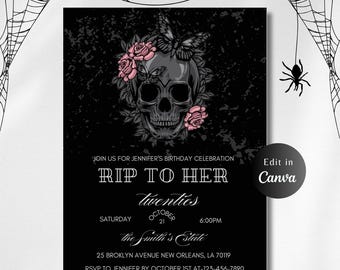 Editable RIP to Twenties Birthday INVITATION Template, RIP to my 20&#39;s, Skull Invite, Halloween Party Invite, Gothic Party, 30th Birthday