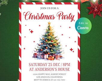 May include: A Christmas party invitation with a watercolor Christmas tree design. The invitation has a red and white striped border and includes the text "Join us for a Christmas Party" and event details. The invitation also says "Edit in Canva".