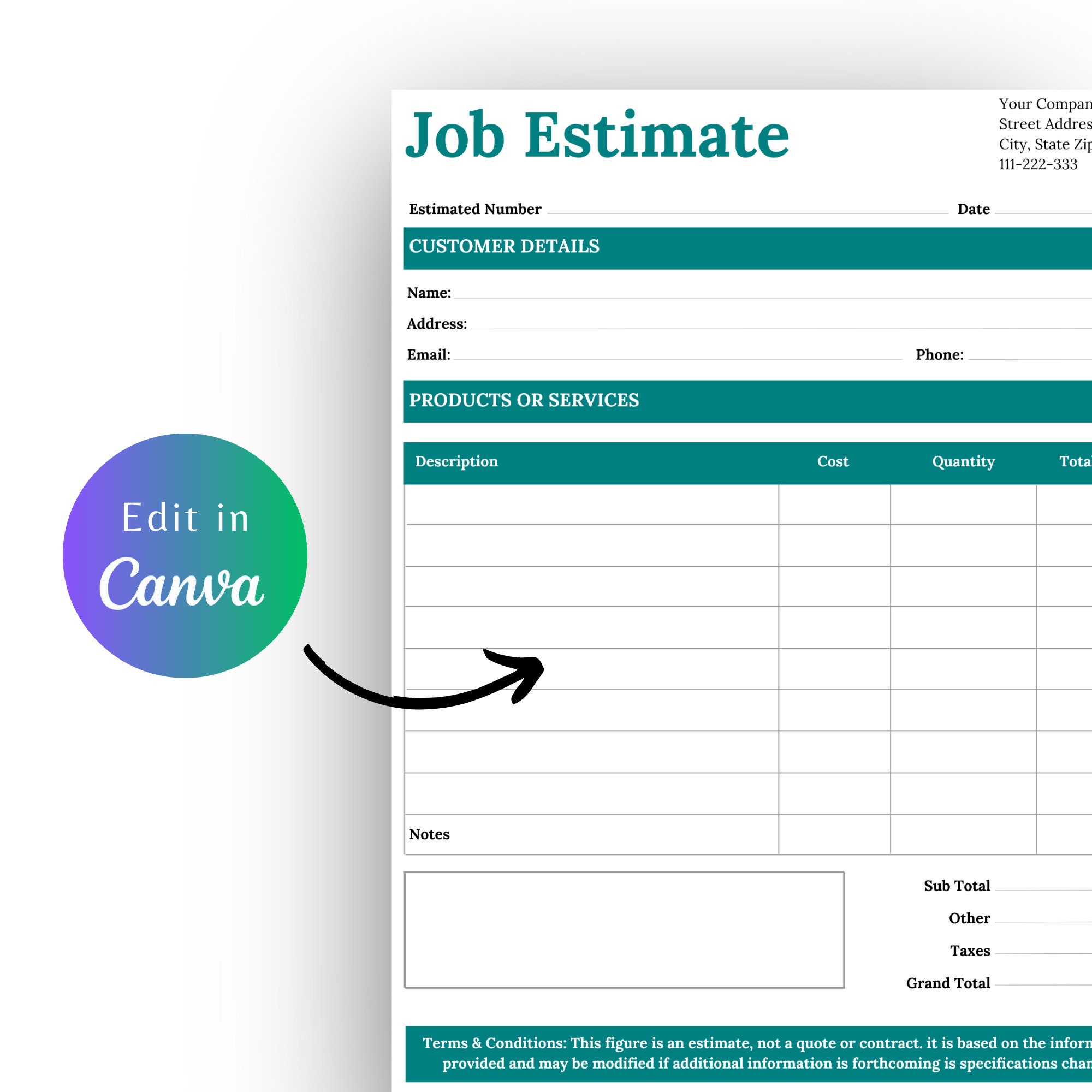 JOB ESTIMATE FORM, Job Proposal Template, Contractor Proposal, Business