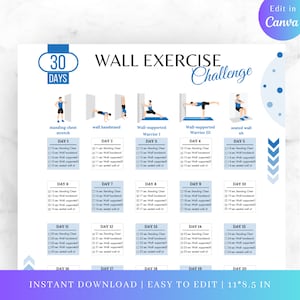 Reto editable de ejercicios de pared de 30 DÍAS, ejercicio de pared, desafío de 30 días, fitness de productos digitales, pilates de pared, fitness de pared