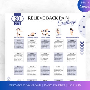 Editable 30 DAYS Relieve Back Pain Challenge, Back Pain, Relieve Back Pain, Lower Back Stretch, Digital Fitness Plan, 30 Days Challenge