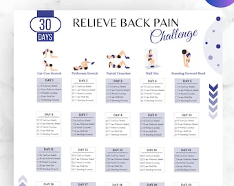 Editable 30 DÍAS Aliviar el desafío del dolor de espalda, Dolor de espalda, Aliviar el dolor de espalda, Estiramiento de la parte baja de la espalda, Plan de fitness digital, Desafío de 30 días
