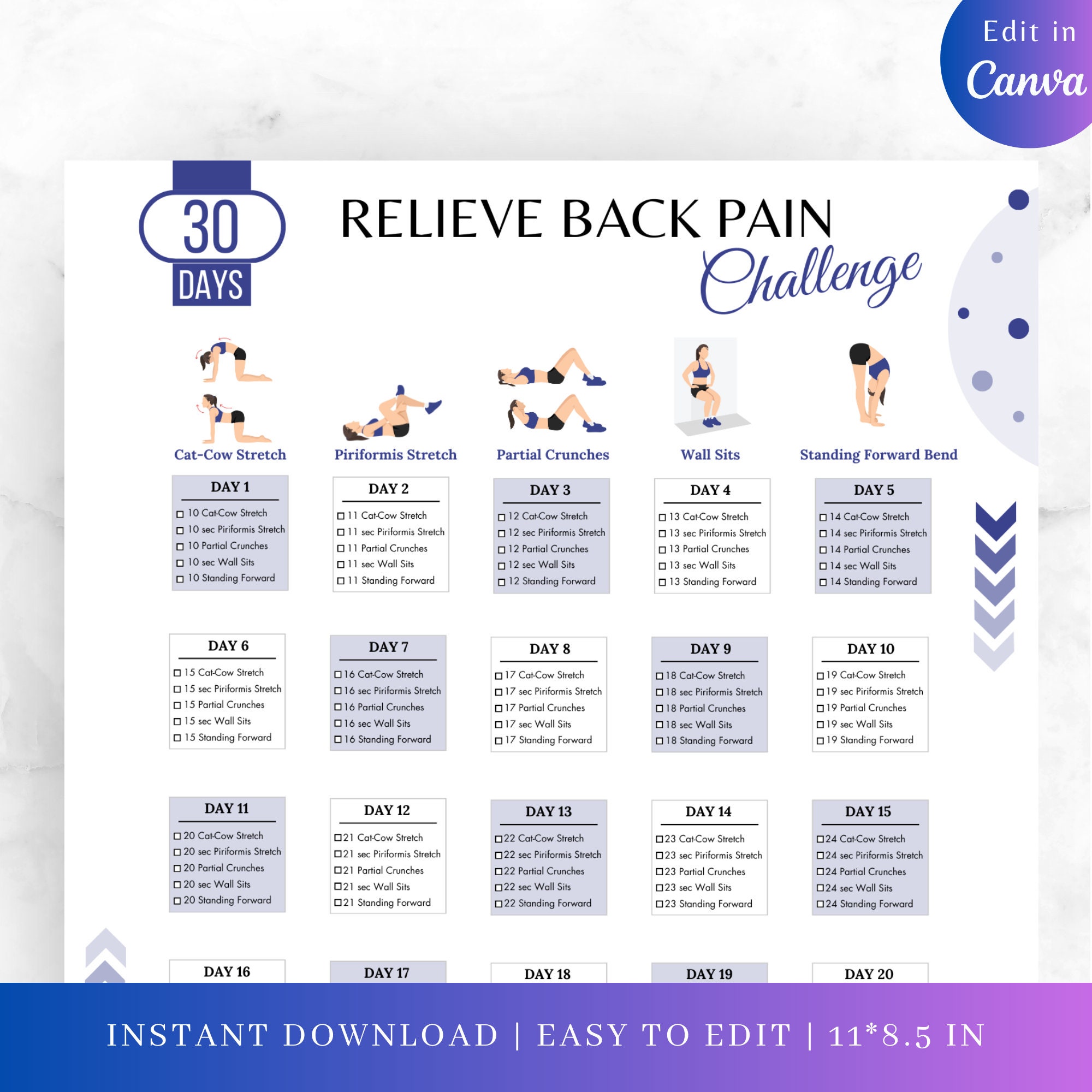 Editable 30 DAYS Relieve Back Pain Challenge Back Pain Relieve Back Pain Lower Back Stretch Digital Fitness Plan 30 Days Challenge Etsy