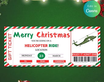 May include: A Christmas-themed gift ticket with a red and green border. The ticket reads "Merry Christmas, You're Going on a Helicopter Ride!" and includes space for passenger details and a message. A green helicopter graphic is on the right.