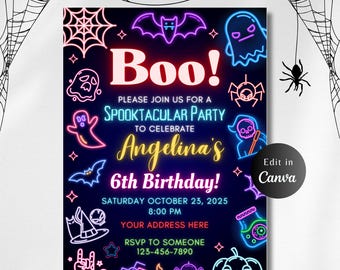 NEON HALLOWEEN PARTY Invitation, Editable Spooky Costume Party Invite, Glow Party, Boo, Birthday Invite, Digital 5x7 Printable Invite