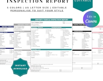 May include: A printable driver's vehicle inspection report template in five colors. The template includes sections for driver's information, vehicle details, odometer reading, and inspection checklist. The template is customizable and editable.