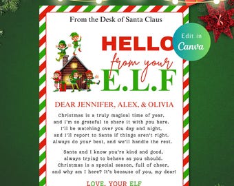May include: A printable Christmas card featuring a cartoon elf with the text "Hello from your E.L.F." and a message to Jennifer, Alex, and Olivia. The card has a red and green striped border.