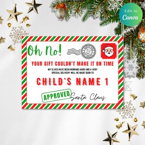 Plantilla editable de aviso de regalo de Papá Noel para Navidad tardía, de Papá Noel, aviso de regalo retrasado, carta de regalo atrasado, tarjeta de Navidad tardía