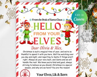 May include: A red and white striped card with a Christmas theme. The card features two elves, one holding a gift and the other holding a candy cane. The card reads "Hello from your elves" and "Dear Olivia & Alex, Christmas is such a magical time of year, and we're so thankful to spend it with you here. We'll be watching over you day and night, and reporting to Santa if things aren't right. Always do your very best, and Santa and we will handle the rest. We know you're kind and good, always striving to behave as you should. Christmas is a special season, and why are we here? You are the reason! Your Elves, Lik & Sorn".