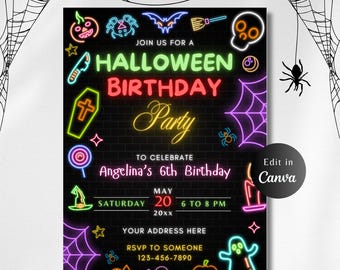EDITABLE NEON HALLOWEEN Party Invite, glow Birthday invitation, Halloween Invitation, Halloween spooky party invite, Digital Invitation