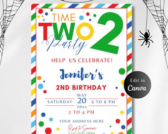 Time TWO Party BIRTHDAY INVITATION, Editable Confetti 2nd Birthday Invite Download Boy 2nd Birthday Invitation, Digital Primary Colors
