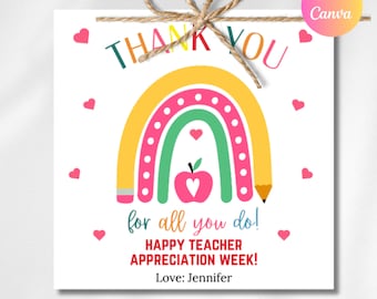 Editable Teacher Appreciation Week Gift Tags, Thank You Teacher Gift Tag, School Party Favor Printable, Label Template