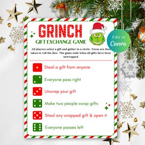 AFDRUKBARE GRINCHMAS-cadeauuitwisseling, Grinch-cadeauuitwisseling, game-printables voor kinderen, cadeau-uitwisselingsspel, cadeauruilspel, kerkcadeau-uitwisseling