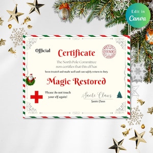 Certificado de bem-estar editável ELF RECOVERY Se tocado Magia perdida, Natal, elfo, para impressão, download, bom, digital, elfos, toque