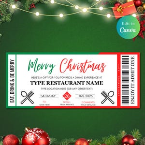 Editable CHRISTMAS RESTAURANT Gift Voucher, Certificate Ticket, Printable Ticket, Dinner Reservation, Instant Download, Restaurant Voucher