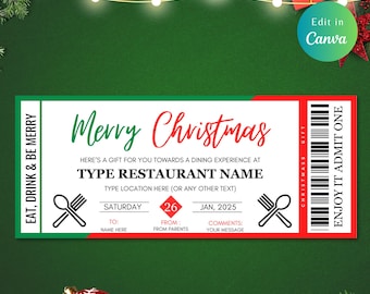 May include: A Christmas-themed gift certificate with a green and red color scheme. The text "Merry Christmas" is prominently displayed, along with space for restaurant details, date, and a personal message. The ticket design includes a barcode and the phrase "Enjoy It Admit One."