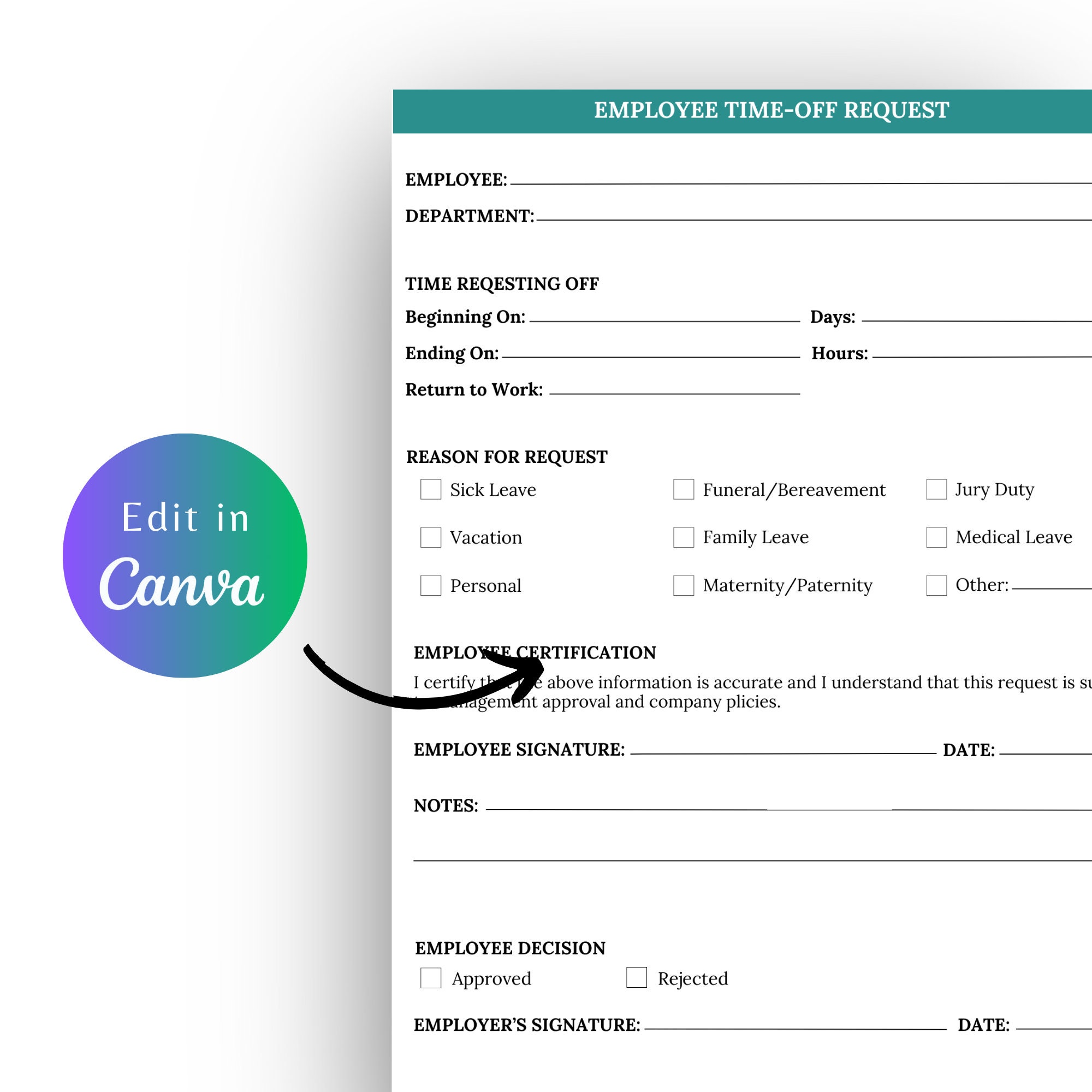 Editable EMPLOYEE TIME OFF, Time off Request, Pto Request Form ...