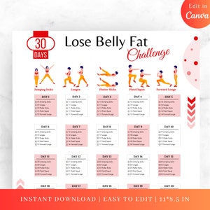 May include: A printable 30-day lose belly fat challenge workout plan with illustrations of different exercises: jumping jacks, lunges, flutter kicks, pistol squats, and forward lunges. The plan includes a daily workout schedule with a checklist for each exercise.