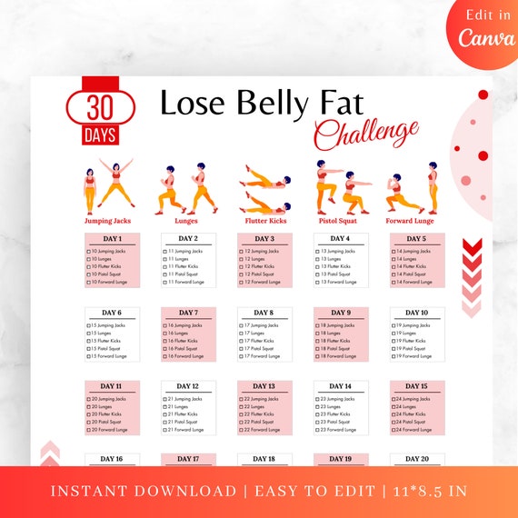 Editable 30 DAYS Lose Belly Fat Challenge Belly Exercise Belly Workout Digital Lose Belly Fat 30 Days Workout Challenge Etsy