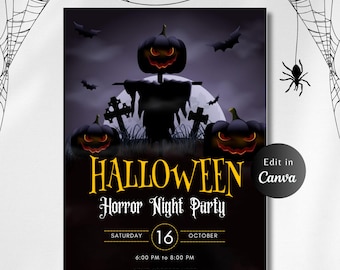 May include: A Halloween party invitation with a black background and a spooky image of a scarecrow with pumpkins and a full moon. The text reads "Halloween Horror Night Party" with the date and time of the event.