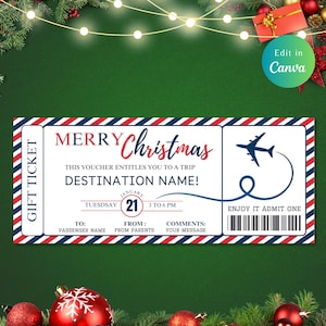 MODELO DE PASSAGEM AÉREA DE NATAL EDITÁVEL, Viagem Surpresa, Bilhete de Cartão de Embarque, Cartão de Embarque para Imprimir, Vale-presente