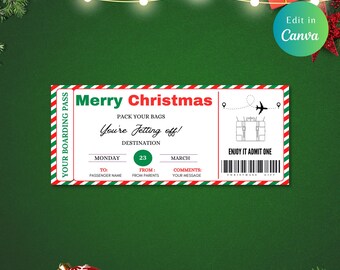 Editable Christmas Boarding Pass Template Plane Ticket Fake - Surprise, Plane Ticket Gift, Boarding Pass, Fake Plane Ticket, SURPRISE TRIP
