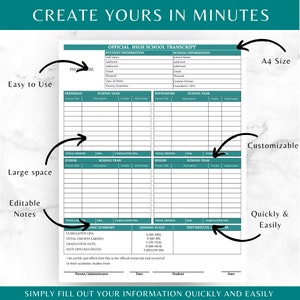 May include: A printable high school transcript template in teal and white. The template includes sections for student and school information, as well as space for recording grades and credits earned for each year of high school. The text "CREATE YOURS IN MINUTES" is at the top of the page.