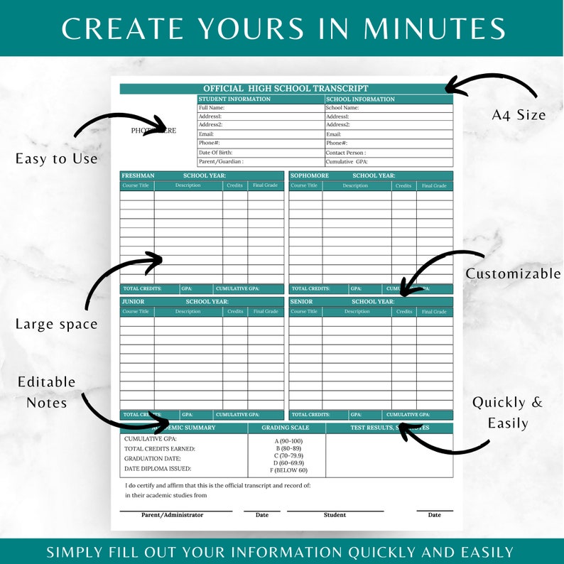 May include: A printable high school transcript template in teal and white. The template includes sections for student and school information, as well as space for recording grades and credits earned for each year of high school. The text "CREATE YOURS IN MINUTES" is at the top of the page.