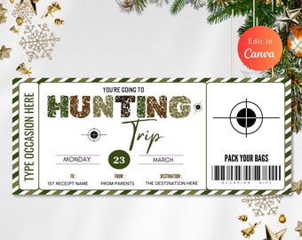 May include: A white ticket-style invitation with a green border and the words "You're Going to Hunting Trip." The date is March 23rd. Includes a target graphic and the text "Pack Your Bags." The invitation is decorated with gold stars and ornaments.