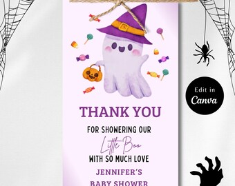 Editable Little Boo Baby Shower Favor Tags Template, Girl Halloween Thank You Tags, Printable Ghost Baby Shower Labels, PINK SPOOKY GIFT