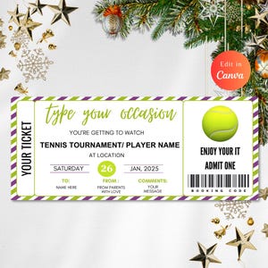 Editable TENNIS GIFT Ticket Template For Any Occasion, Ticket Gift, Tennis match, tennis tournament, birthday anniversary, tennis gift tick