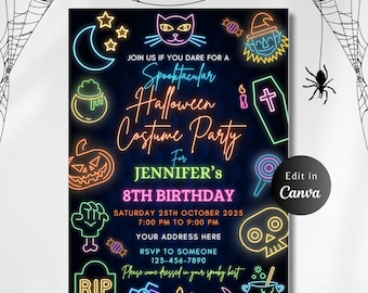 EDITABLE Neon Halloween Costume Party Invitation, Spooky Halloween Party Invite, Printable Neon Halloween Birthday Invite, NEON HALLOWEEN