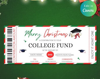 May include: A red, white, and green Christmas-themed gift certificate for a college fund. The certificate has a barcode, the words "Merry Christmas", and the text "A contribution to your College Fund in the amount of $100".