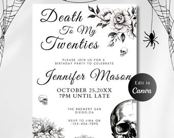 Op de afbeelding: Een zwart-witte printbare uitnodiging voor een verjaardagsfeest. De uitnodiging bevat een schedel, bloemen en de tekst "Death To My Twenties". De uitnodiging bevat ook de datum, tijd en locatie van het feest.