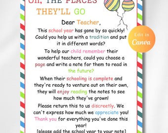 OH THE PLACES You&#39;ll Go Instructiebrief voor leraren om boek te ondertekenen voorschoolse eindejaarscadeau Download en print niet-aanpasbare ballon